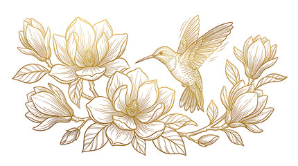 Fototapeta premium Hummingbird hovering near magnolia blossoms in elegant gold line art illustration