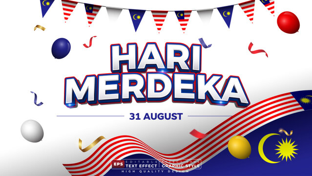 Editable 3d text effect hari merdeka malaysia with national color for banner and poster template design