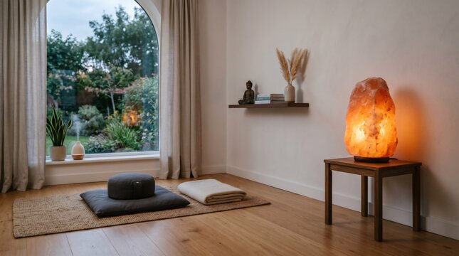 Cozy meditation room with glowing Himalayan salt lamp and yoga cushion, transparent background cutout