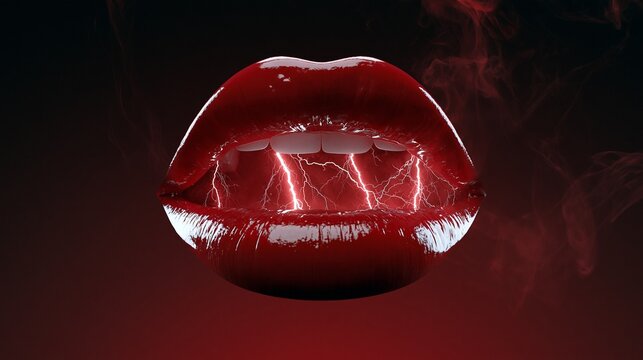 Glossy red open mouth in hyperreal 3D emitting electric lightning streaks and ethereal smoke against a moody dark gradient studio with striking rim lighting and ample copy space
