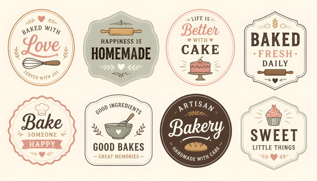 Artisan bakery badge set featuring rustic vintage labels for bread cakes sweets and pastries with hand drawn whisk bowl and rolling pin illustrations isolated on light background for shop branding.