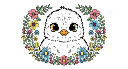 Cute Chick in Floral Wreath, Adorable Baby Bird Illustration © Jam