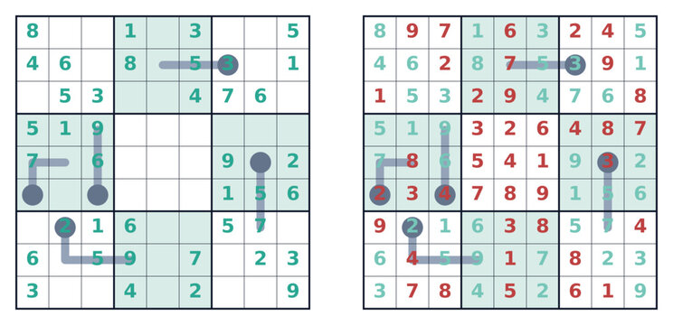 Sudoku puzzle with solved and unsolved grids displayed side by side  