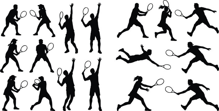 Collection of Professional Tennis Player Silhouettes Featuring Men and Women Serving Volleying and Smashing on White Background