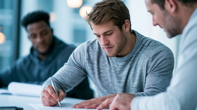 Close medium shot of a college quarterback engrossed in signing forms while compliance officer points out contract specifics clean office environment with a softly blurred