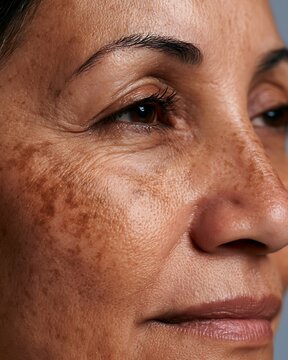 realistic close-up of mature skin affected by melasma and hormonal pigmentation,