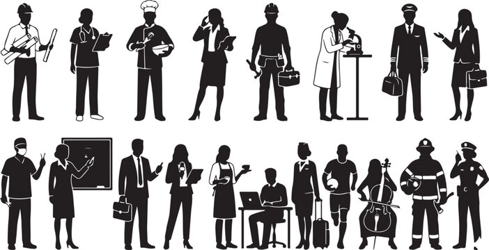 black silhouettes of diverse professionals representing various occupations and careers in the modern workforce