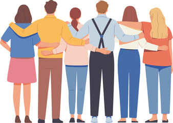 Fototapeta premium Group of friends hugging from behind, unity support concept, teamwork friendship diversity, people together vector illustration