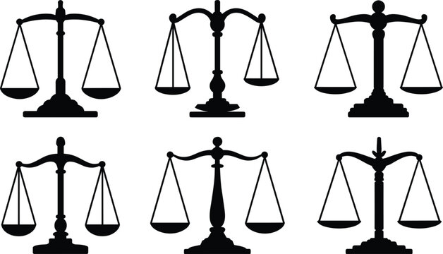 Justice scales silhouettes collection, law balance symbols, legal equality concept, courtroom icon set, justice vector illustration