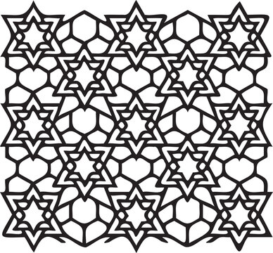 Seamless pattern with black line art star of david and geometric hexagon shapes