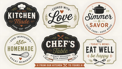 Fototapeta premium Collection of vintage style kitchen and bakery emblems featuring hand drawn cooking tools and food icons with elegant lettering and ornaments for cafe branding menu design or culinary product labels.
