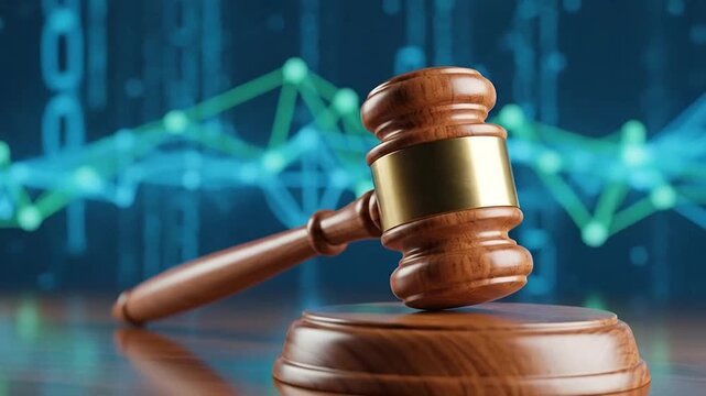 A wooden judge gavel rests on a table against a digital data background