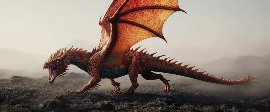 Majestic Fiery Red Dragon Sitting in Volcanic Landscape - Ethereal Fantasy