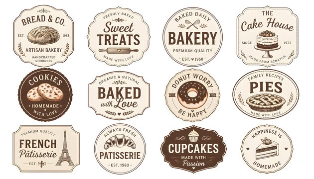 Set of bakery logo badges vintage style with hand drawn illustrations of bread cookies cakes and pastries collection for artisan shop branding labels or restaurant menu design elements in brown tones.