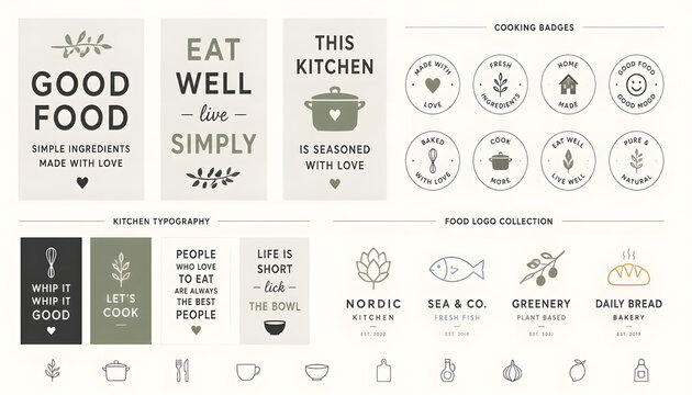 Kitchen quotes and cooking badges collection featuring minimalist typography food logo designs for daily bread bakery and fresh fish market signs or culinary labels set isolated on neutral background.