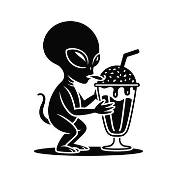 Alien drinking milkshake vector illustration, extraterrestrial character enjoying sweet treat.