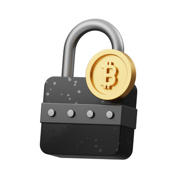 Secure digital padlock with Bitcoin symbol representing cryptocurrency and blockchain security for financial protection transparent background