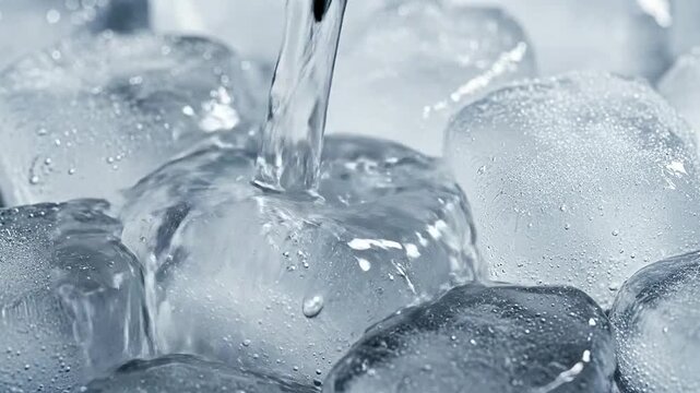 Clear water pours over a pile of ice cubes in a close up view