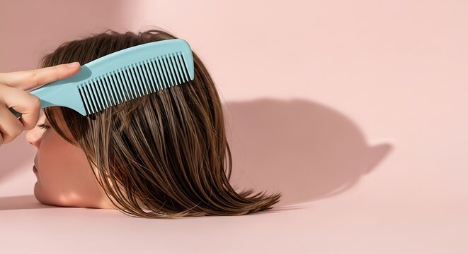 Woman combing her long brown hair.