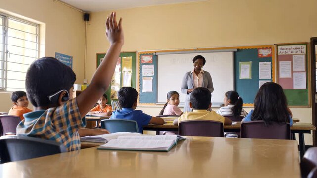 Boy with Hearing Impairment Wears Bone Conduction Headset and Participates Enthusiastically in Primary School Classroom Discussion