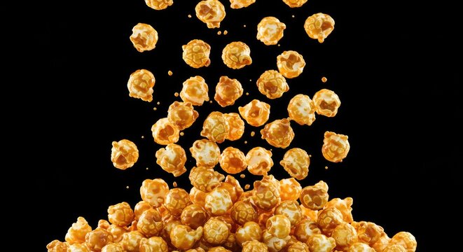 Golden caramel popcorn falling against black background food photography