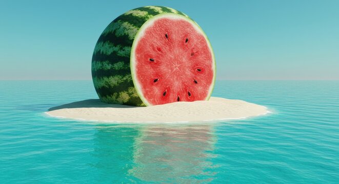 Half watermelon on a small island in clear blue water