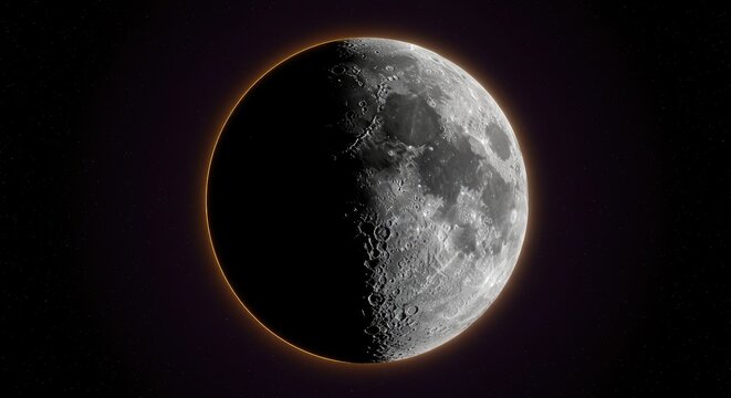 Half moon illuminated against dark background depicting lunar surface details