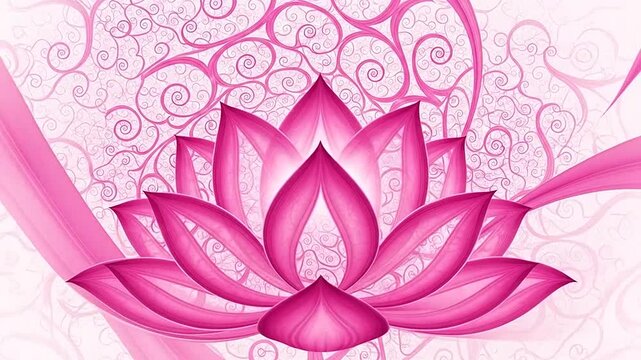 A vibrant pink lotus flower rests against a background of delicate swirling patterns
