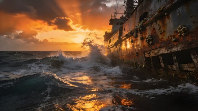 Rusted metal ship hull with barnacles in rough ocean water under an orange sunset, lit by clouddiffused light. Suitable for maritimethemed designs.