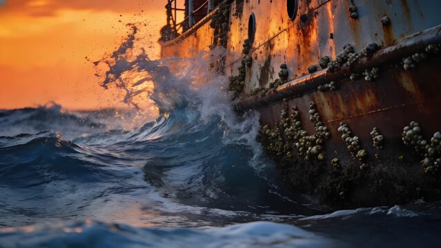 Rusty shipwreck hull with barnacles under crashing ocean waves and vibrant orange sunset sky  suitable for nautical backgrounds.