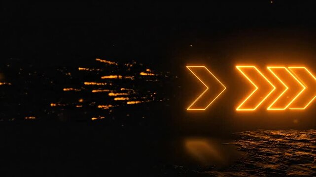 Glowing orange neon arrows point left on a dark textured surface