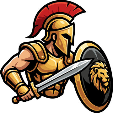 Spartan Warrior: A formidable Spartan warrior, clad in golden armor, wielding a sword and shield adorned with a lion emblem, stands ready for battle, embodying courage and strength.