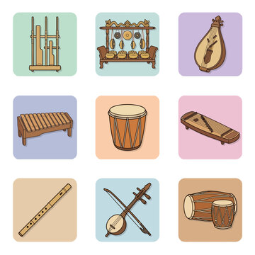 Indonesian Traditional Musical Instruments Collection - Angklung Gamelan Sasando Kolintang Tifa Kecapi Saluang Rebab Kendang Cartoon Icons