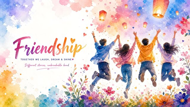 Watercolor Painting Friends Jumping in Flower Field with Flying Lanterns and Friendship Typography for Youth Celebration Banner, Unbreakable Bond Layout, and Multi Color Background