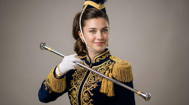 Majorette woman in ornate blue and gold uniform holding a baton