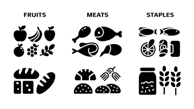 Black and white flat icons for fruits, meats, and staples food groups Vector
