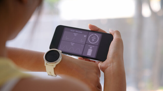 Agentic AI smart IOT watch sport wrist wear collect bio ECG heart rate data sleep record health care device digital internet of things app. Asia people woman urban tech life better home future living.
