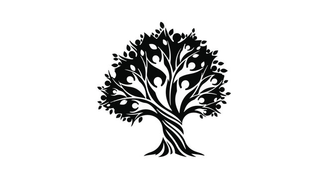 Stylized tree with human figures forming its leaves and branches represents community and growth in a monochromatic illustration on a white background.
