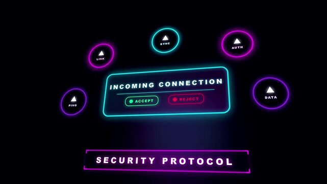Futuristic cyberpunk neon incoming call screen with security protocol