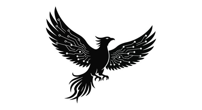 Majestic phoenix illustration features circuit board patterns integrated into its wings, symbolizing technological rebirth and innovation on a white background.