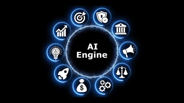 Ai engine core processing diverse business and technology icons.