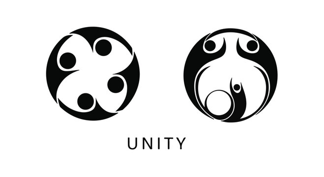 Two abstract black and white circular logos symbolize unity and community against a plain white background, with the word 'UNITY' centered below them.