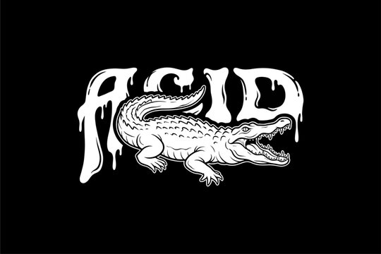 Crocodile illustration with acid text.