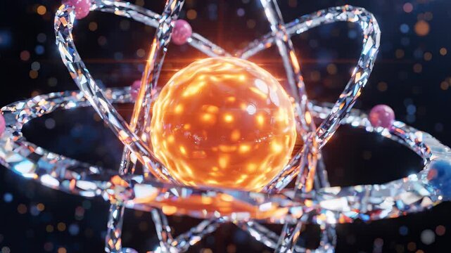 3d atomic model with crystal orbital rings and colorful electrons floating against a dark bokeh background, concept for scientific research, nuclear energy and quantum physics education