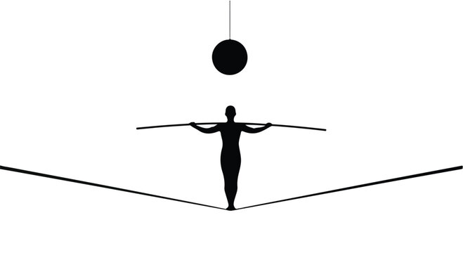 Tightrope walker silhouette balances with a pole under a floating sphere on a white background, symbolizing.