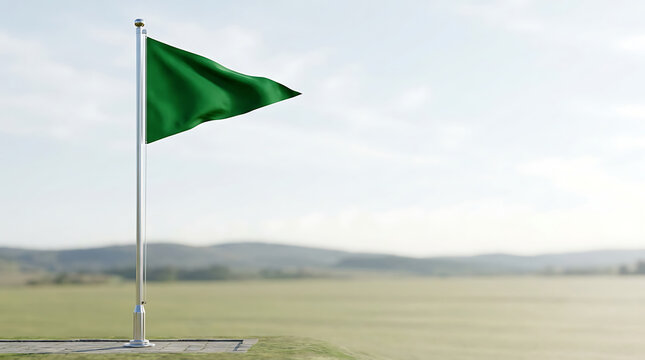 Green pennant flag waving on a silver pole outdoors