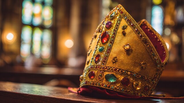 mitre. Ornate golden bishop's mitre with gemstones on velvet in cathedral light. event programs, museum guides, designed for cultural heritage projects and event programs.