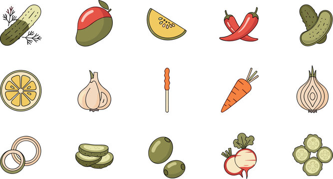 Hand Drawn Pickle Ingredient Collection With Cucumber Mango Chili Garlic Carrot Onion Olive And Radish Vector Illustration Set