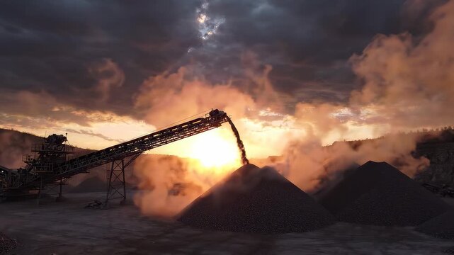 Large industrial conveyor belt moving gravel into piles at a mining quarry site during a dramatic golden sunset with smoke, concept for heavy industry, environmental impact and construction