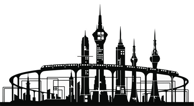Futuristic city skyline silhouette features multiple tall buildings and a monorail system on an elevated.